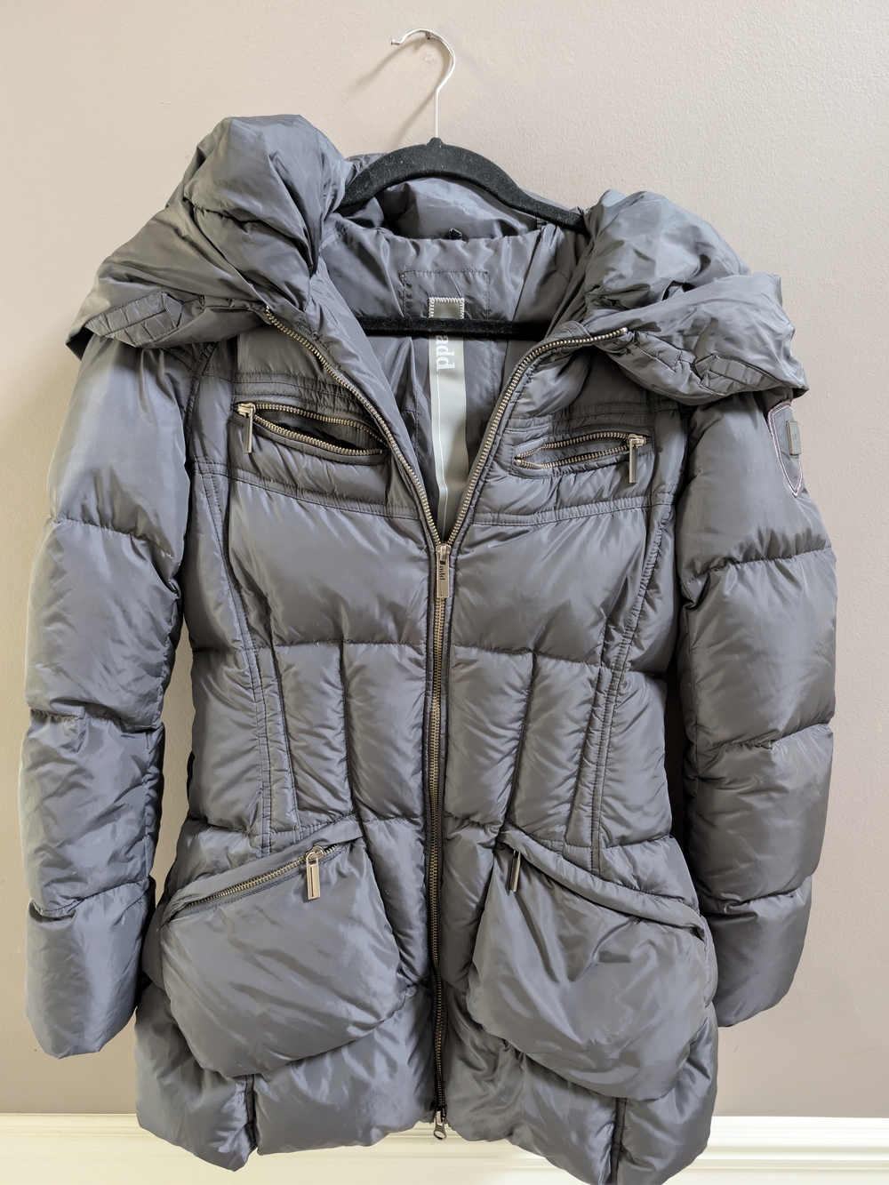 ADD Down Fitted Waist Gray Puffer Coat Hooded Jacket Gold Zip XS-Small *READ*